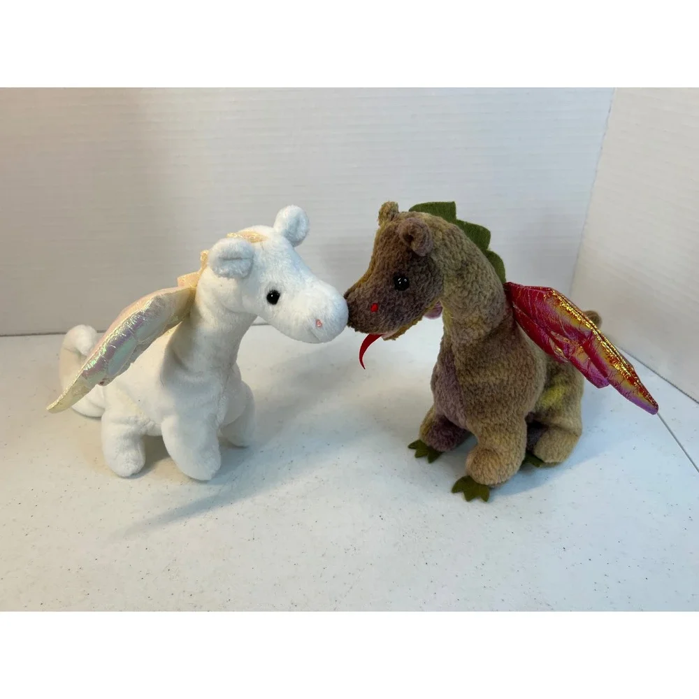 Ty Beanie Babies Magic and Scorch Dragon Plush Set White Brown Iridescent Wings